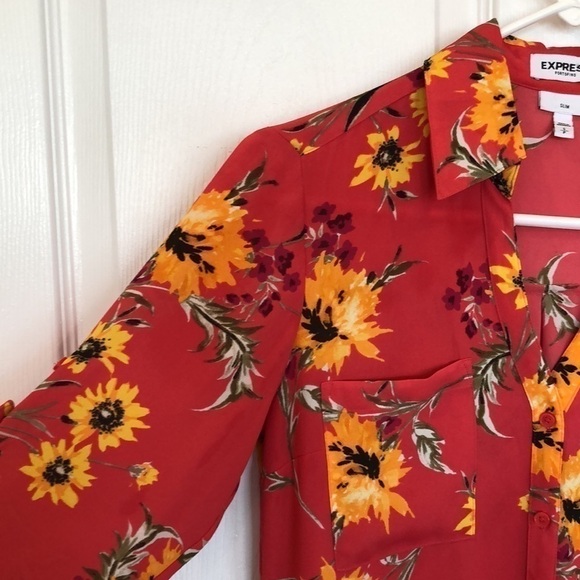 EXPRESS Portofino coral pink sunflower print blouse with tab sleeve option - Picture 4 of 9